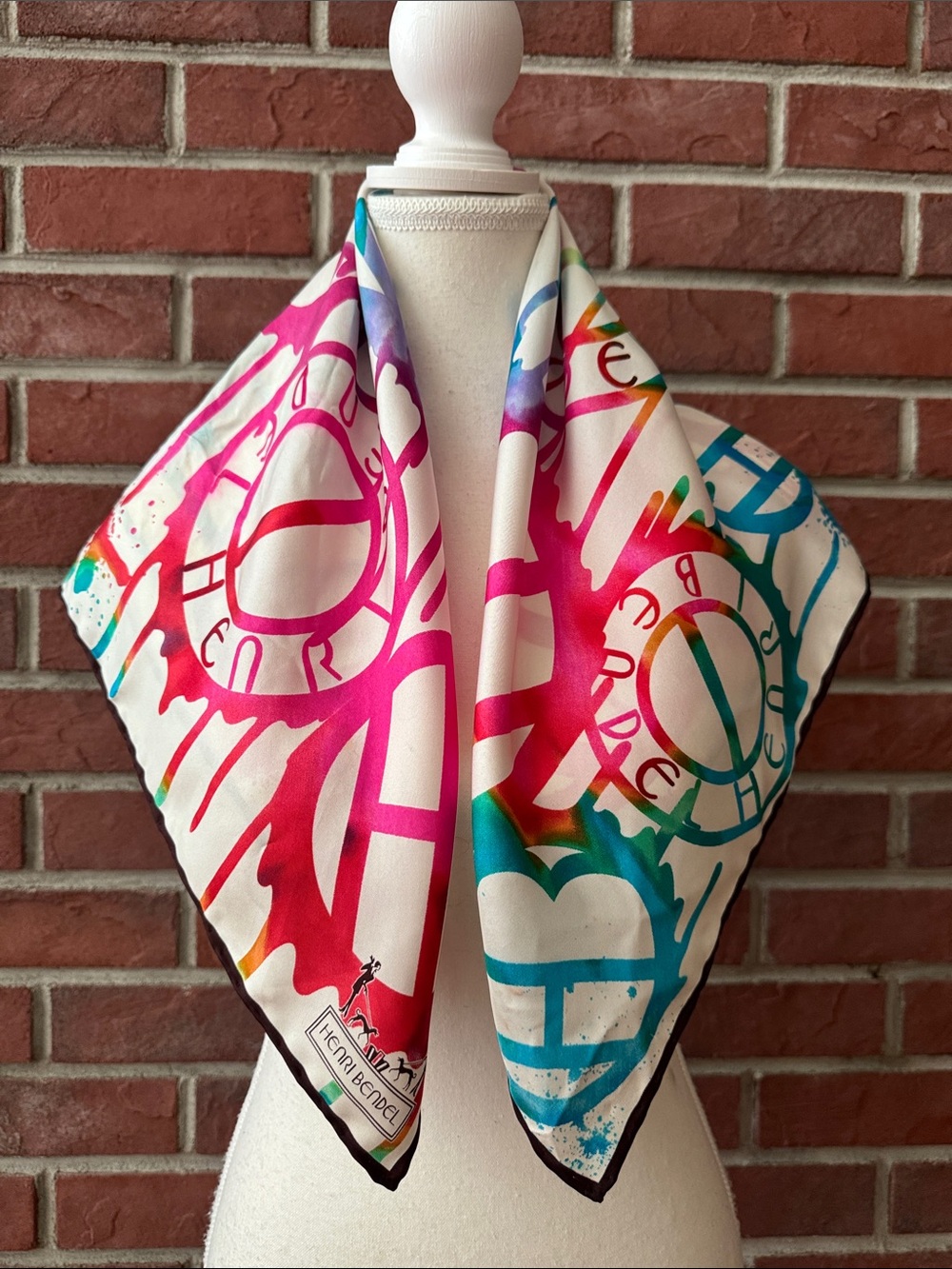 Henri Bendel Rare Multicolor Logo Signed Hand rolled Silk Scarf 27”x27”